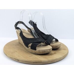 Crocs Wedge Sandals Womens 8 Black Leather Cork Slingback Peep Toe‎ A Leigh